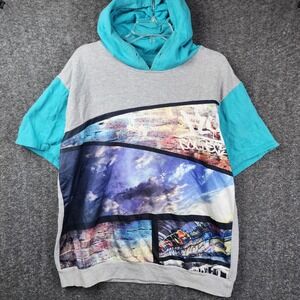 Fly Society Graphic Hoodie Mens XL Grey Teal Short Sleeve Streetwear Graffiti